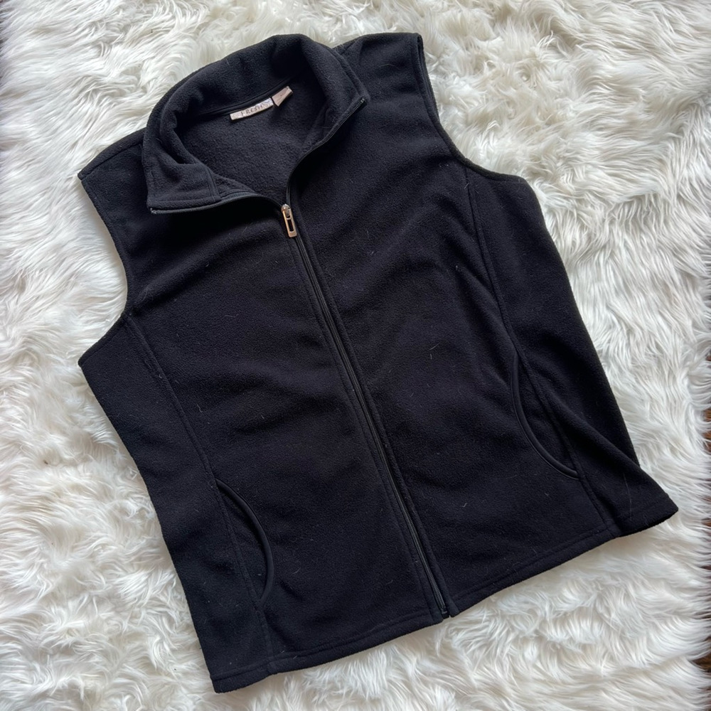Fresh Womens Fleece Vest Black Waist Length Full Zip Pockets Collar M